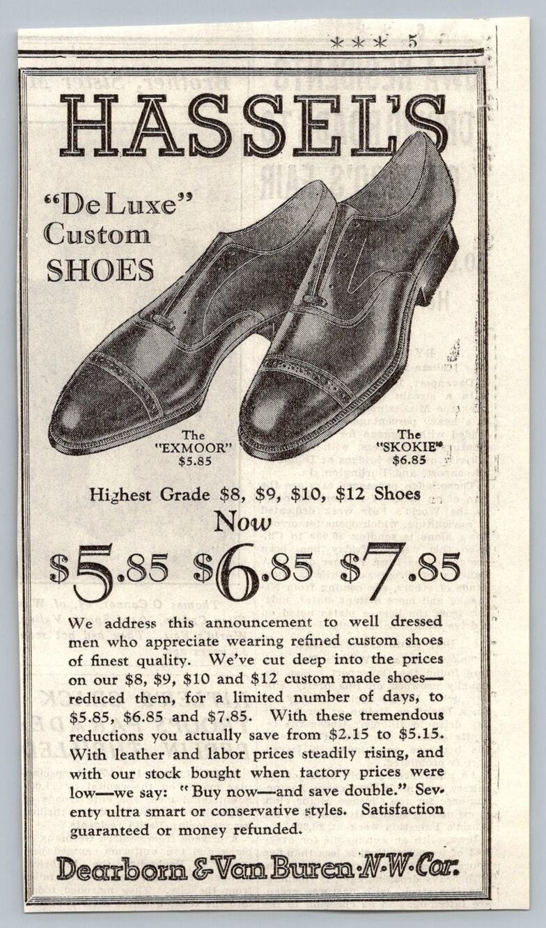 1930s Hassel's DeLuxe Custom Shoes Advertisement Ad Chicago Dearborn Van Buren